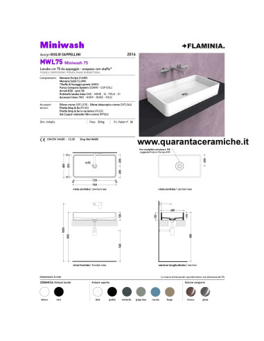 Flaminia Lavabo sospeso Miniwash 75 - MWL75 - Quaranta Ceramiche