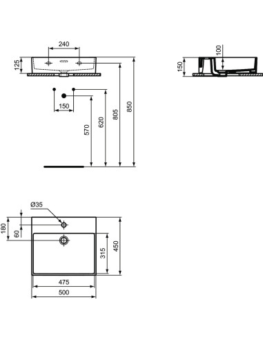 Ideal Standard Conca Lavabo sospeso o Appoggio 50x45 monoforo Senza Troppo  Pieno Bianco