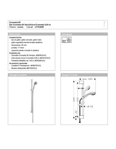 HANSGROHE CROMA 100 SET DOCCIA VARIO CON ASTA DOCCIA 65 CM E PORTAS